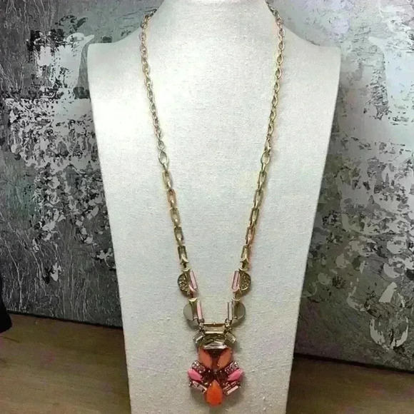 Vintage Stella and Dot Necklace attached Pendants Orange Pink Gold Rhinestones - Picture 1 of 3